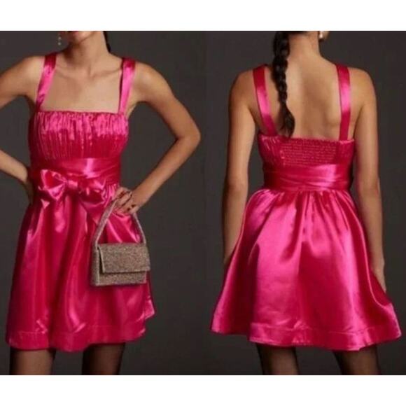 Anthropologie Bow tie Satin Mini Dress Pink size 8 - Picture 9 of 9